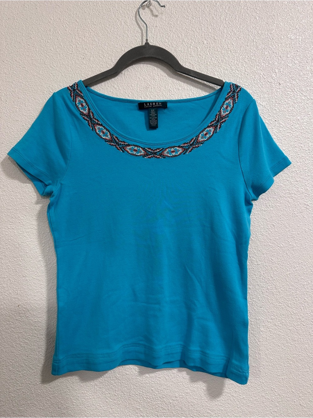 Ralph Lauren Turquoise Short-Sleeve Tee with Embroidered Scoop Neck